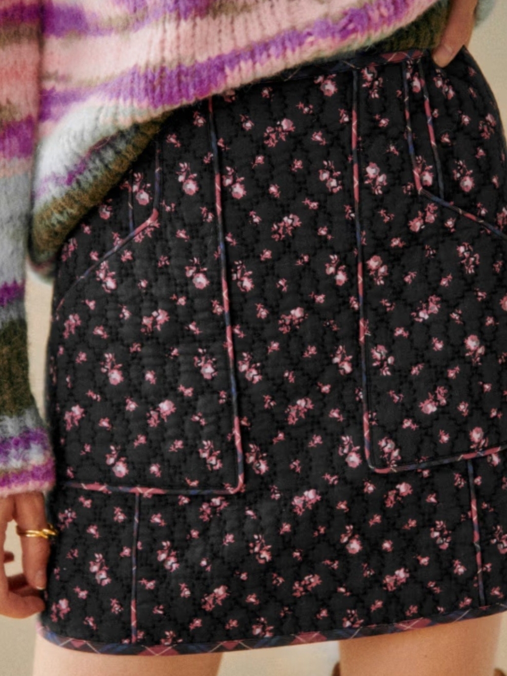 Sezane Betsy Floral Quilted Mini Skirt, Cotton, Black with Pink Flowers Size 44
